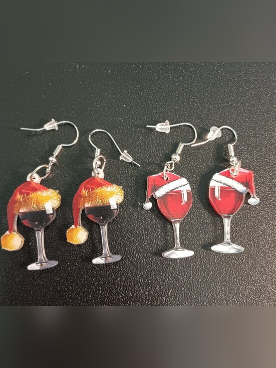 The Unbranded Brand Jewelry - 2 Festive Wine Glass Santa Hat Earrings (New)